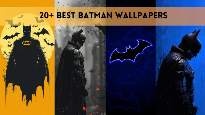 A collage of 20 Batman wallpapers showcasing various designs for phone and desktop backgrounds.