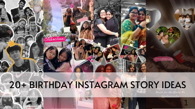 A graphic showcasing 20 creative Instagram story ideas for celebrating birthdays, featuring colorful designs and festive elements.