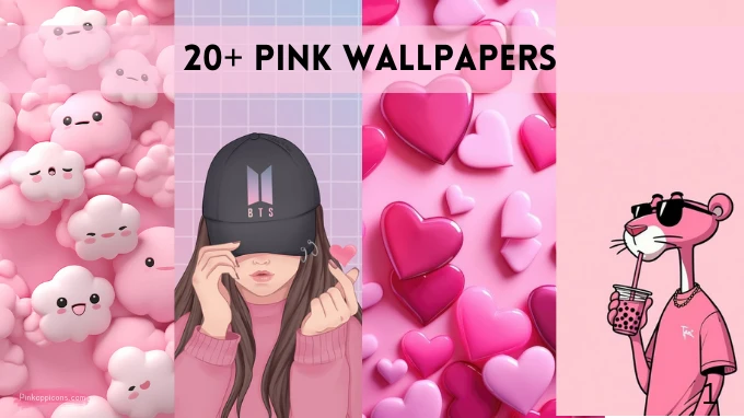 Collection of 20 pink wallpapers designed for mobile and desktop devices.