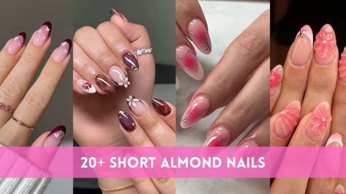 A close-up of 20 short almond-shaped nails, showcasing a variety of colors and designs on each nail.
