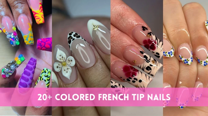 A collage of 20 vibrant French tip nail designs showcasing various colors and styles for inspiration.