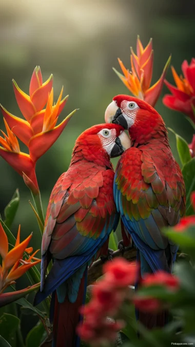 Beautiful Scarlet Macaw Couple Wallpaper Floral Paradise