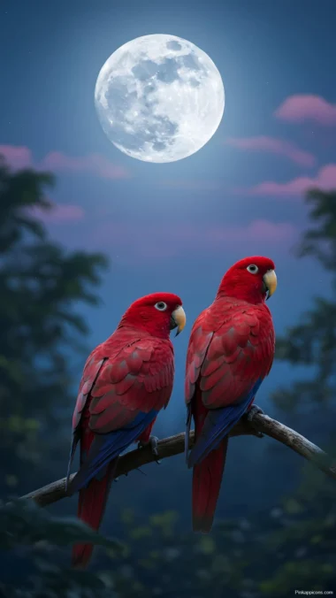 Beautiful Scarlet Macaw Couple Wallpaper Moonlit Perch