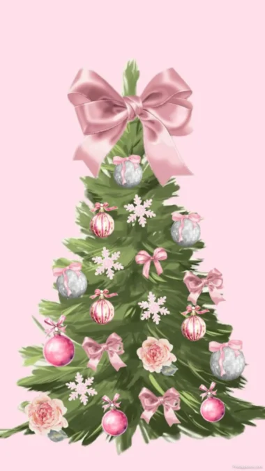 A beautifully decorated Christmas tree featuring pink bows and ribbons, perfect for a festive holiday wallpaper.