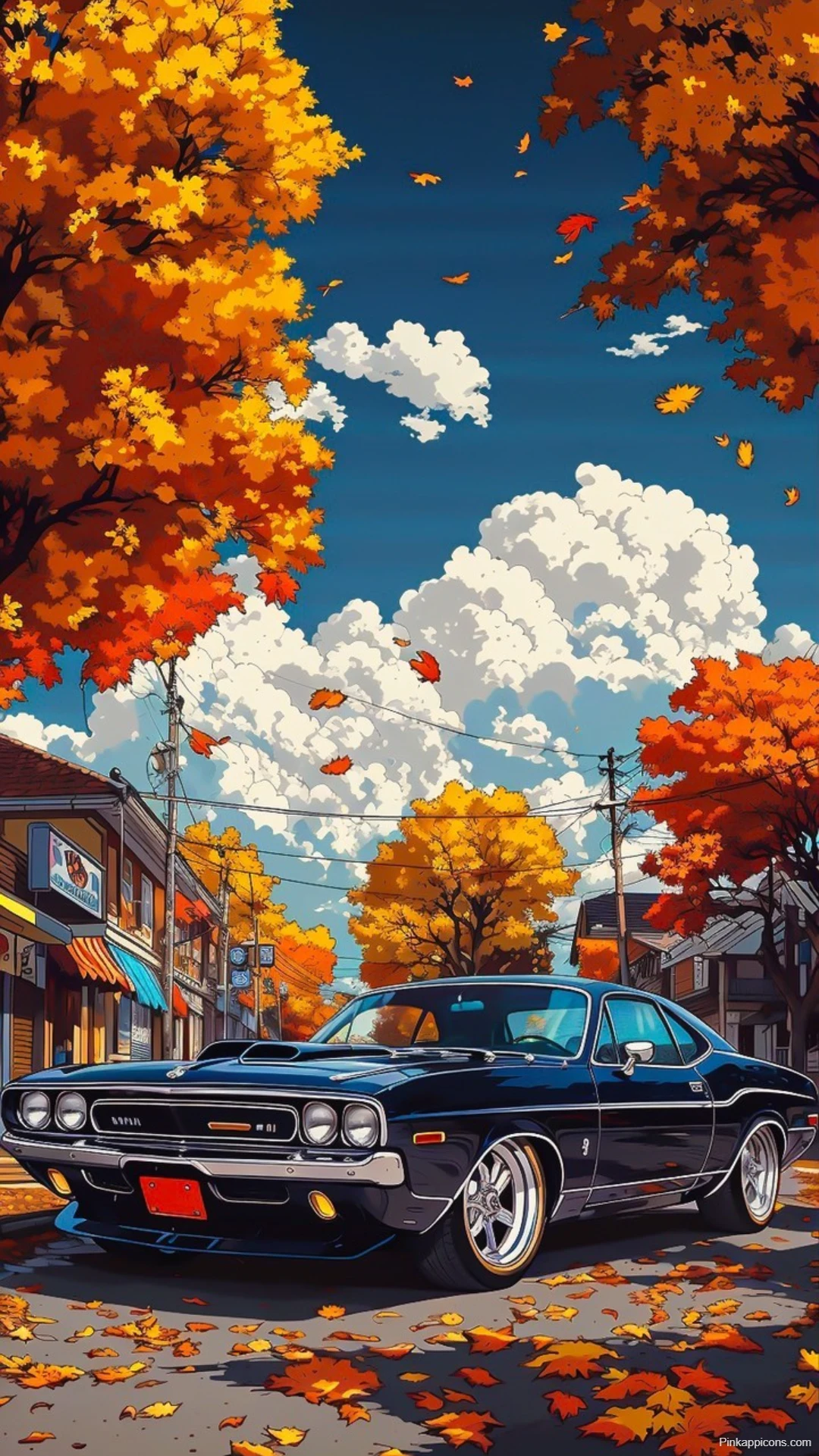 Black Dodge Challenger Wallpaper Autumn Street Scene