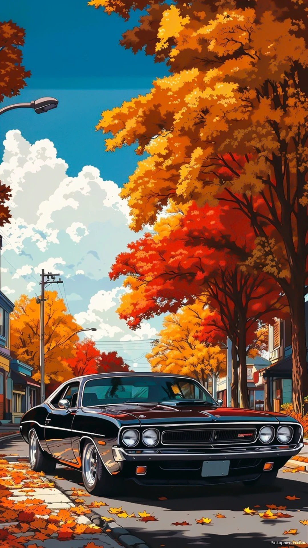 Black Dodge Challenger Wallpaper Vibrant Autumn Street