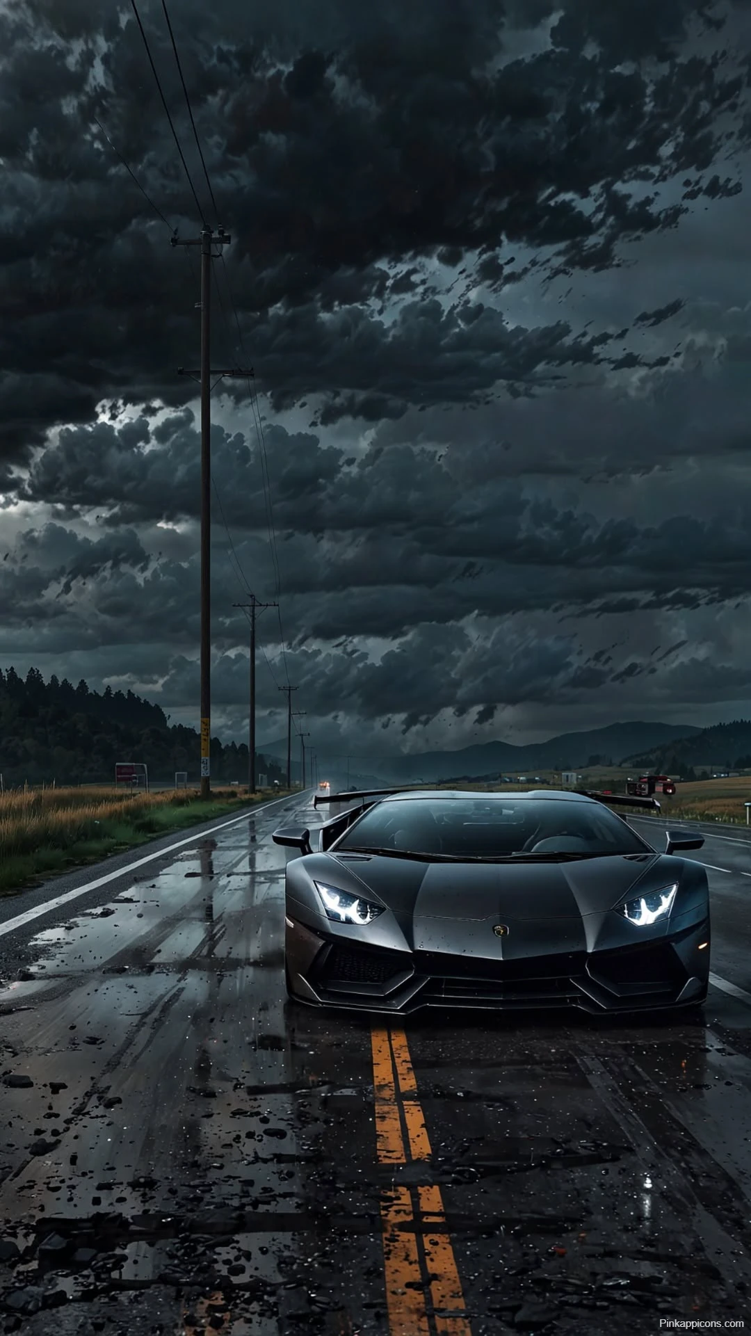 Black Lamborghini Aventador SVJ Wallpaper Stormy Road