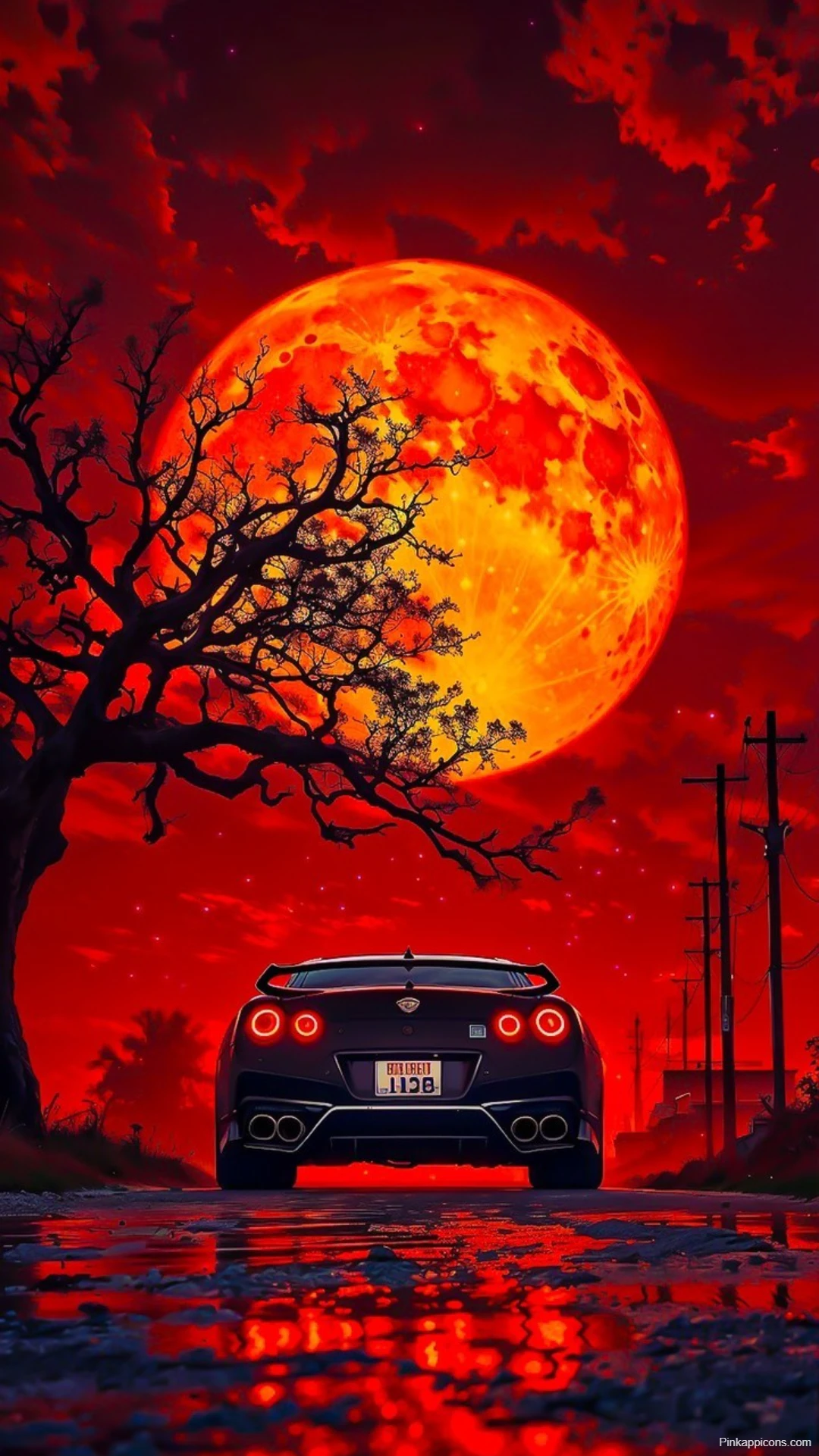 Black Nissan GT-R Rear Wallpaper Fiery Moon Nightscape