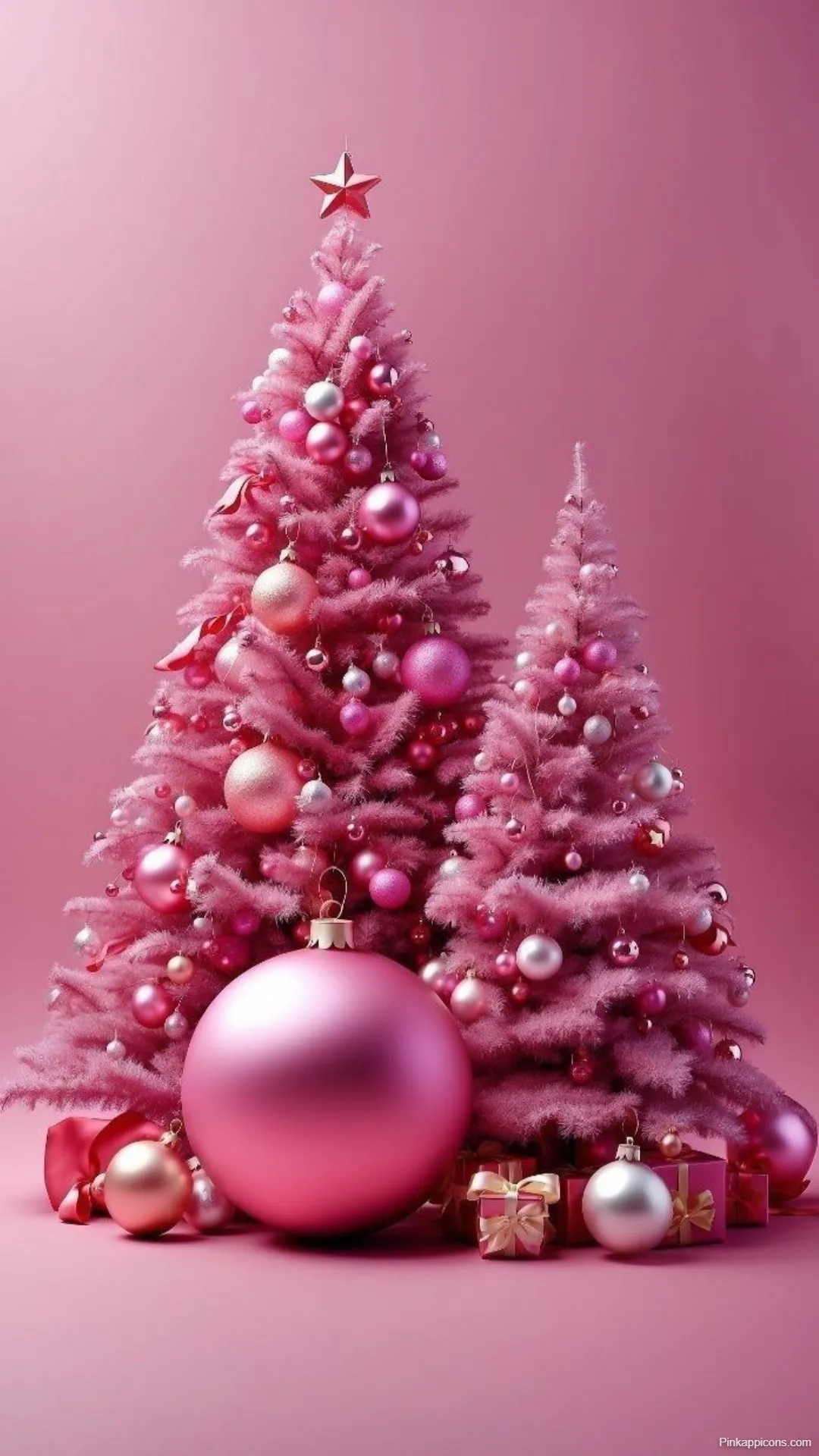 A vibrant pink Christmas tree decorated with ornaments, displayed on a matching pink background, ideal for festive designs.