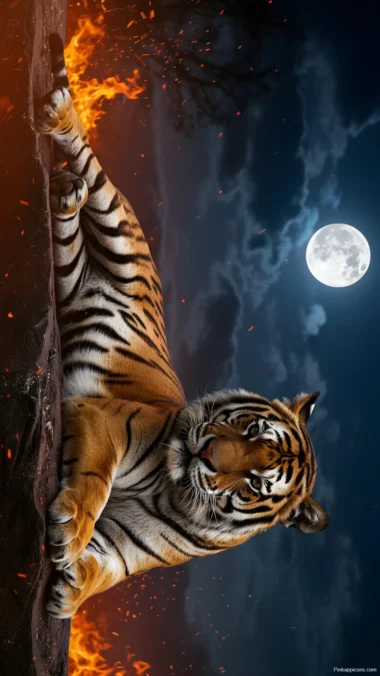 Fiery Tiger and Moon Wallpaper Majestic Predator at Night