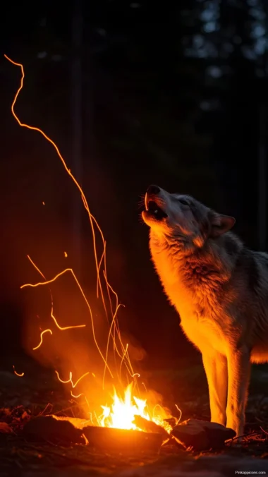 Howling Wolf by Campfire Wallpaper Night in the Wild