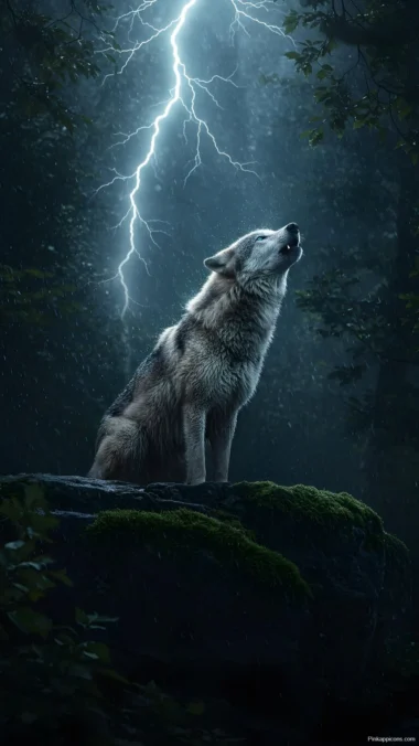 Howling Wolf in Lightning Storm Wallpaper Powerful Nature