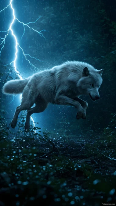 Leaping White Wolf in Lightning Storm Wallpaper Powerful Nature