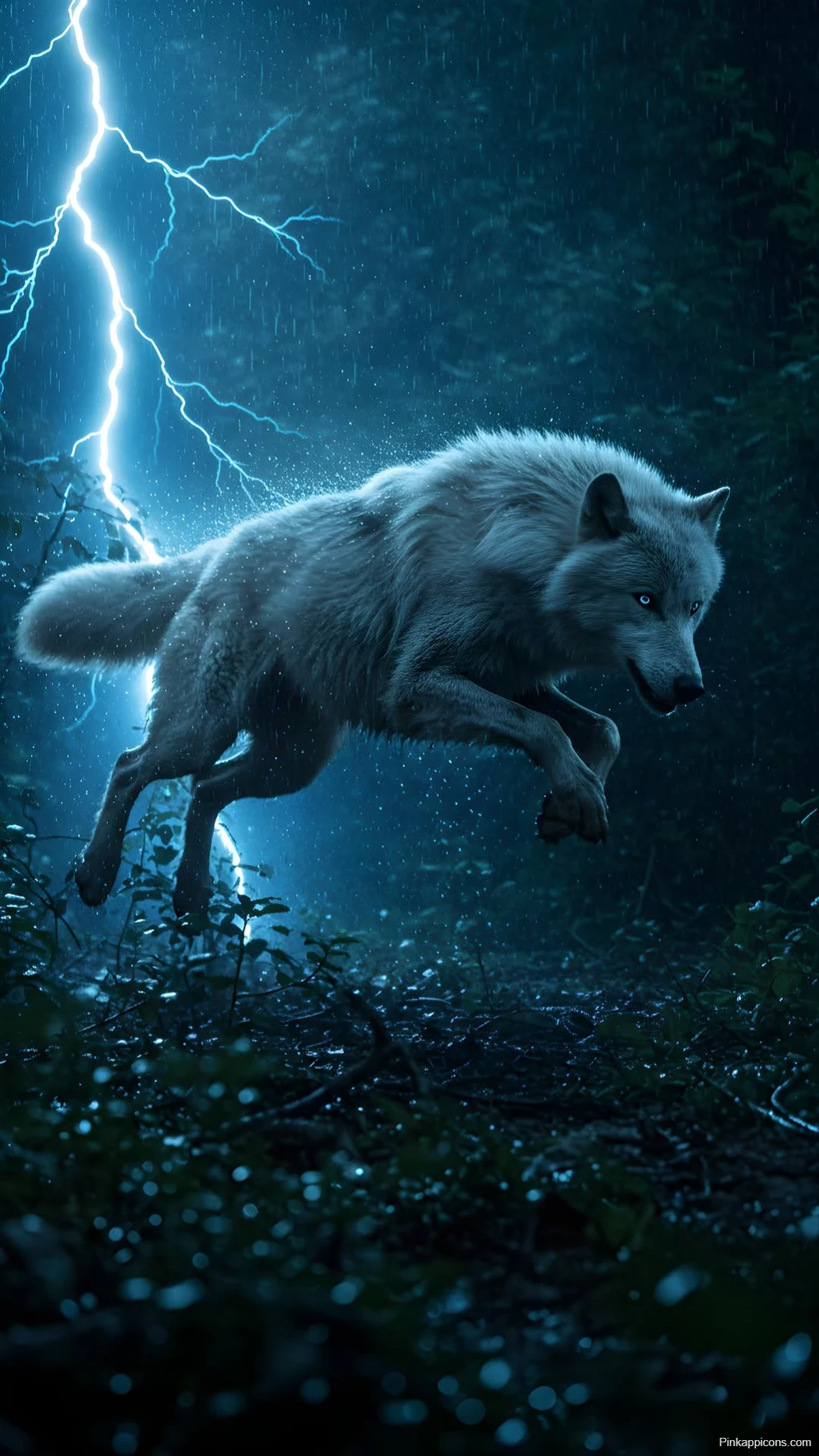 Leaping White Wolf in Lightning Storm Wallpaper Powerful Nature