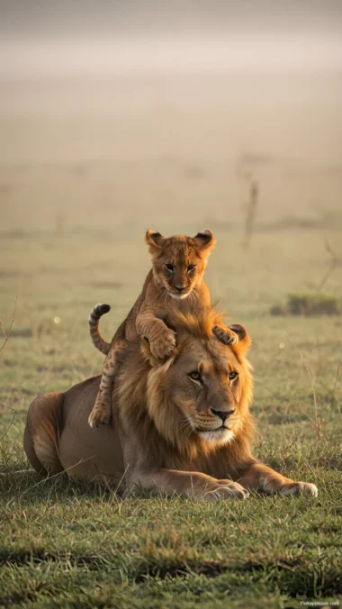 Lion Cub Playing on Father’s Head Wallpaper Cute Wildlife