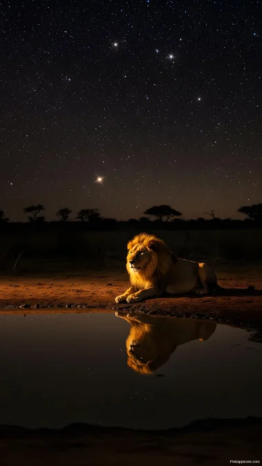 Lion Reflecting in Water Wallpaper Under the Cosmos