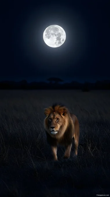 Lion Under Full Moon Wallpaper King of the Night