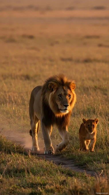 Lion and Cub Walking Wallpaper Safari Adventure