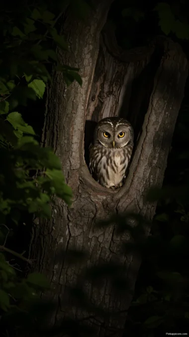 Little Owl in Tree Hollow Wallpaper Night Wildlife