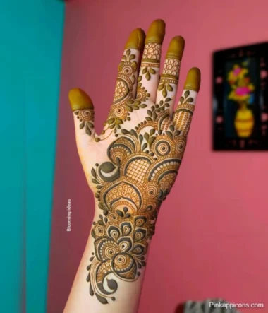 Intricate Arabic mehndi designs adorning the front of a hand, showcasing detailed patterns and floral motifs.