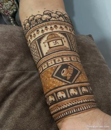 A close-up of a woman's arm adorned with intricate henna mehndi designs.