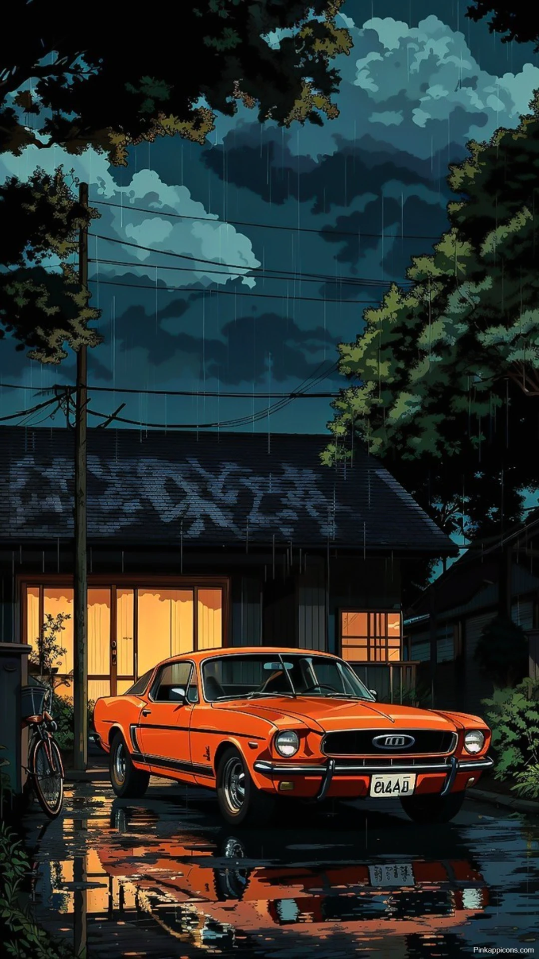 Orange Classic Mustang Wallpaper Rainy Night Street