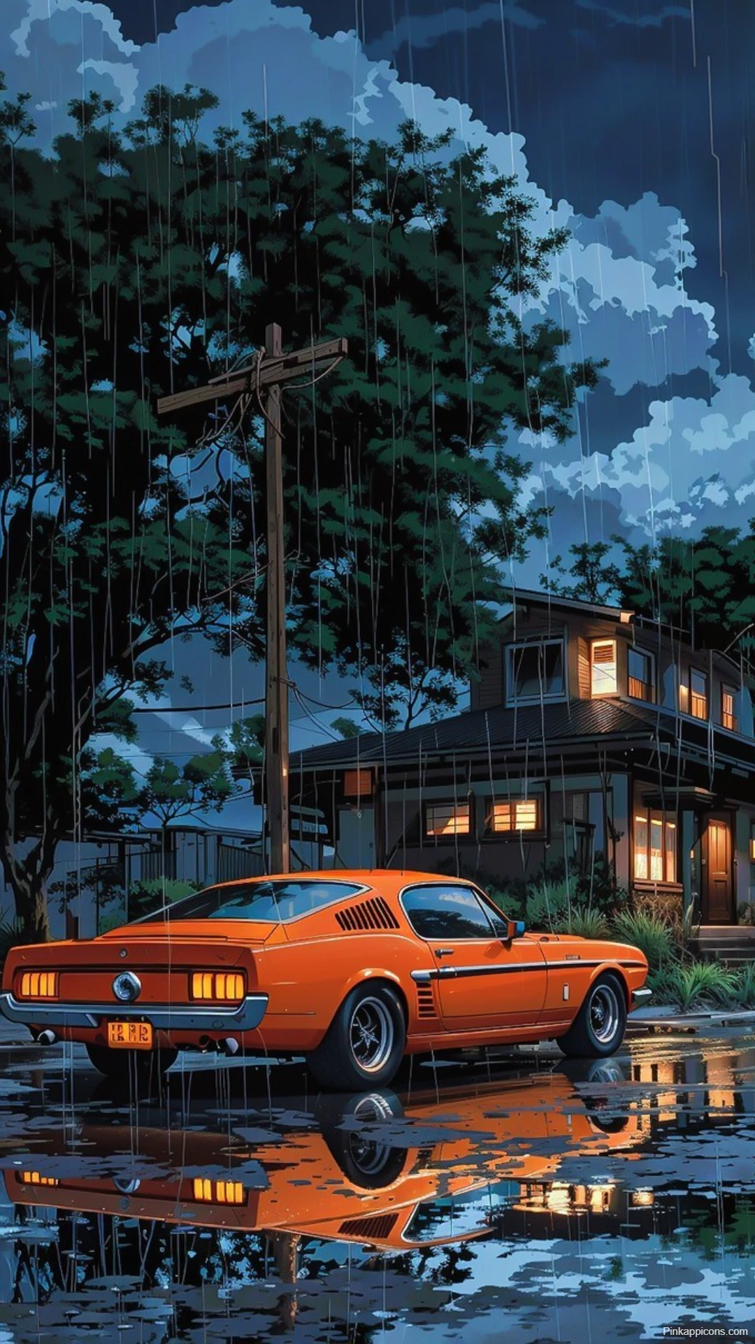 Orange Ford Mustang Mach 1 Wallpaper Rainy Night Vibes