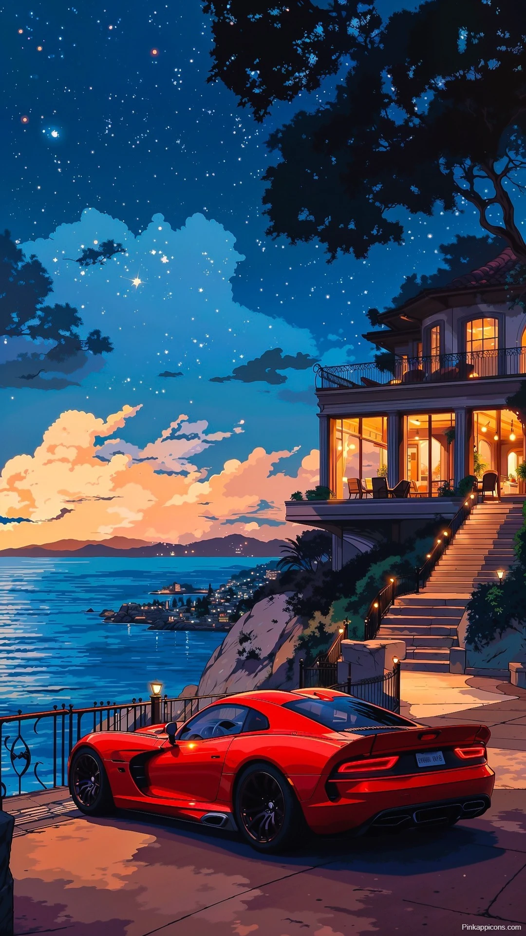 Red Dodge Viper Wallpaper Ocean View Villa at Night
