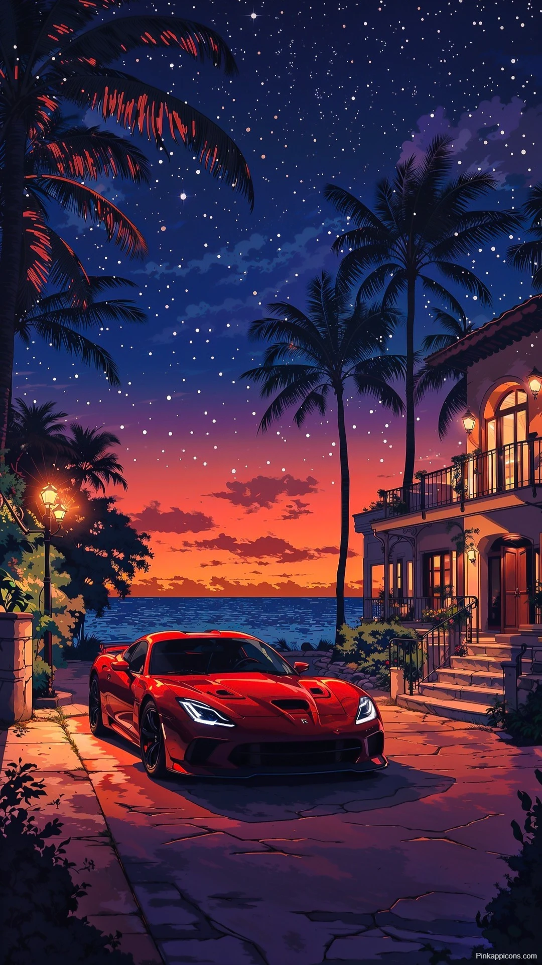 Red Dodge Viper Wallpaper Tropical Night Paradise