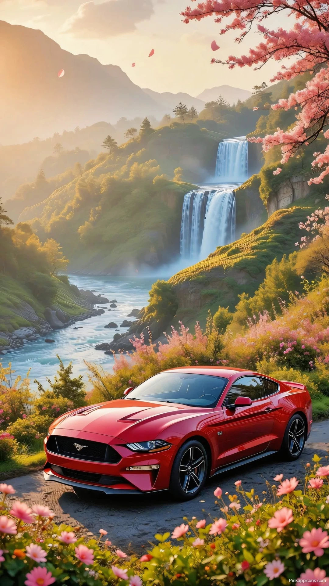 Red Ford Mustang Wallpaper Scenic Waterfall Drive