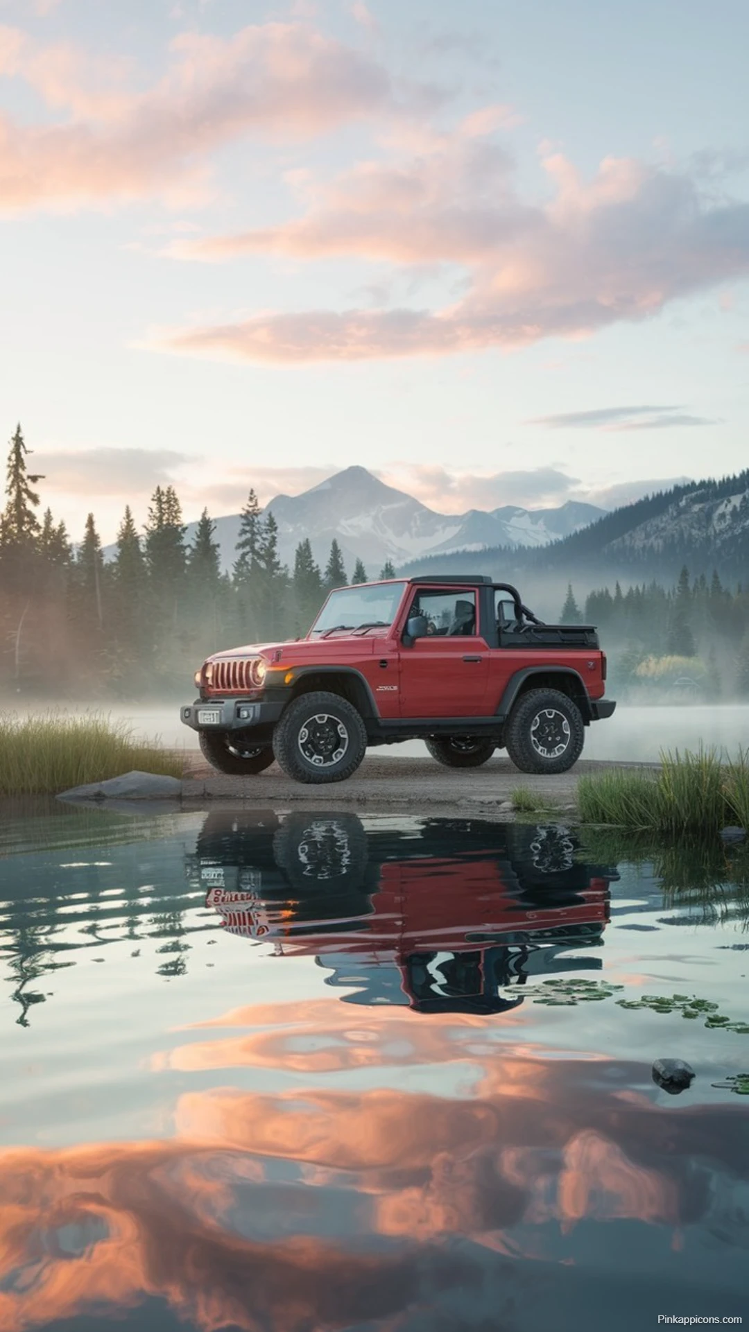 Red Jeep Wrangler Reflection Wallpaper Misty Mountain Lake