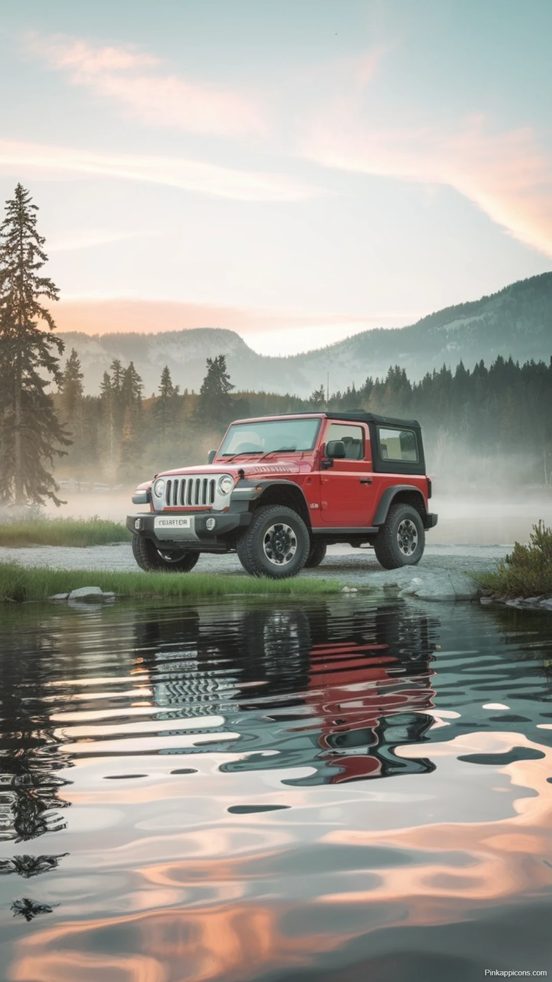 Red Jeep Wrangler Rubicon Wallpaper Misty Mountain Lake Reflection