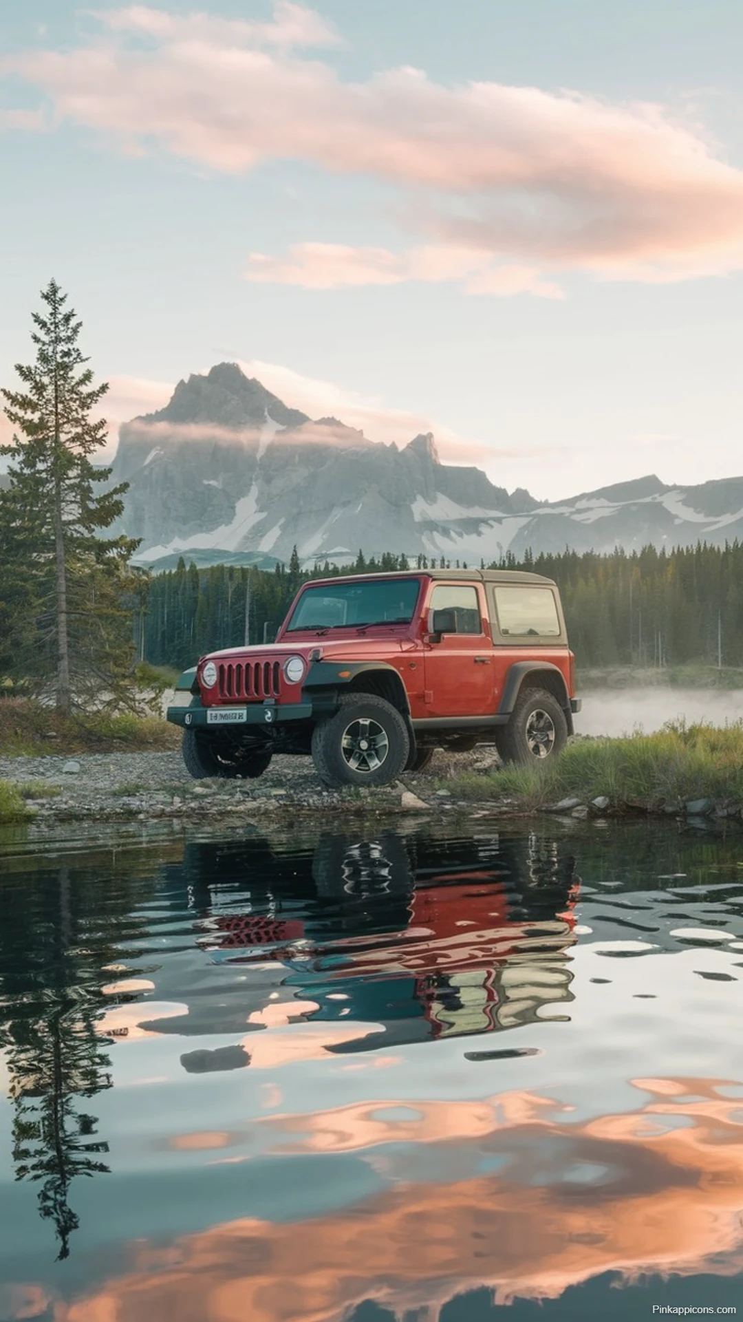 Red Jeep Wrangler Wallpaper Mountain Lake Adventure