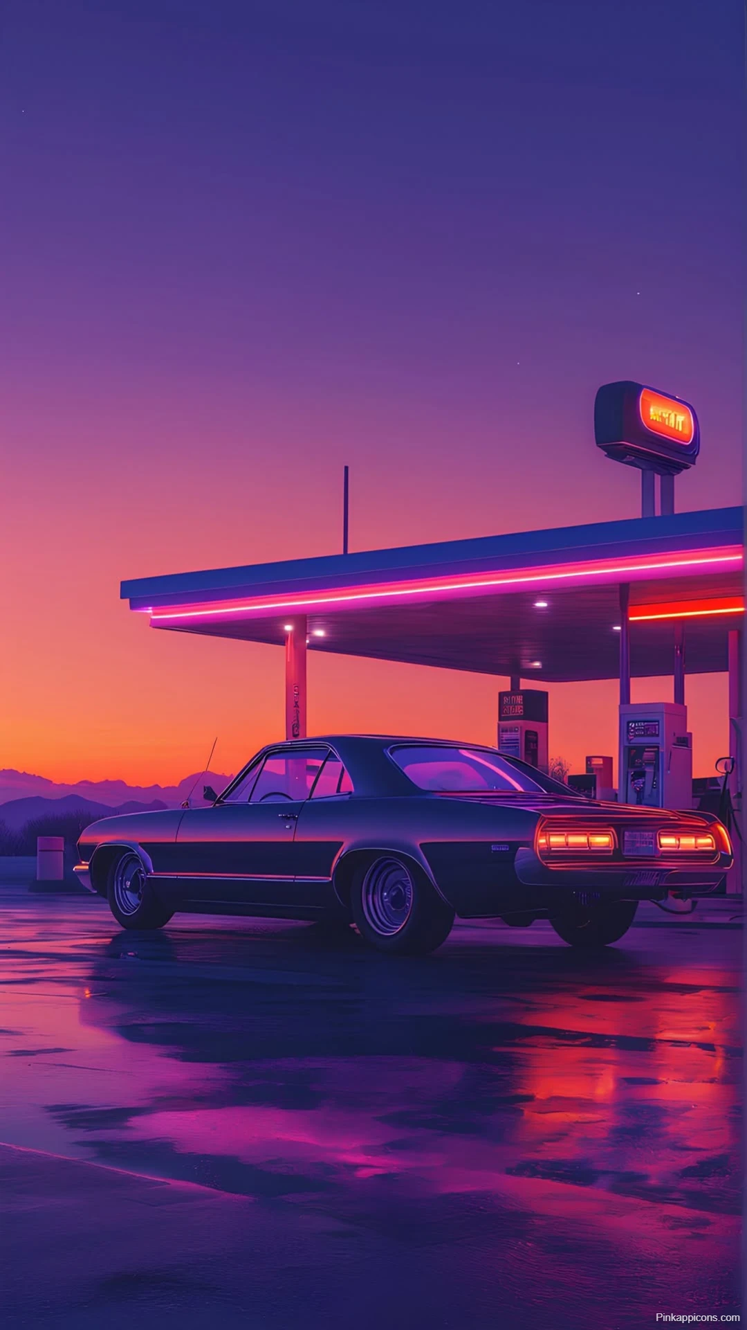 Retro Car at Night Gas Station Purple and Orange Sky