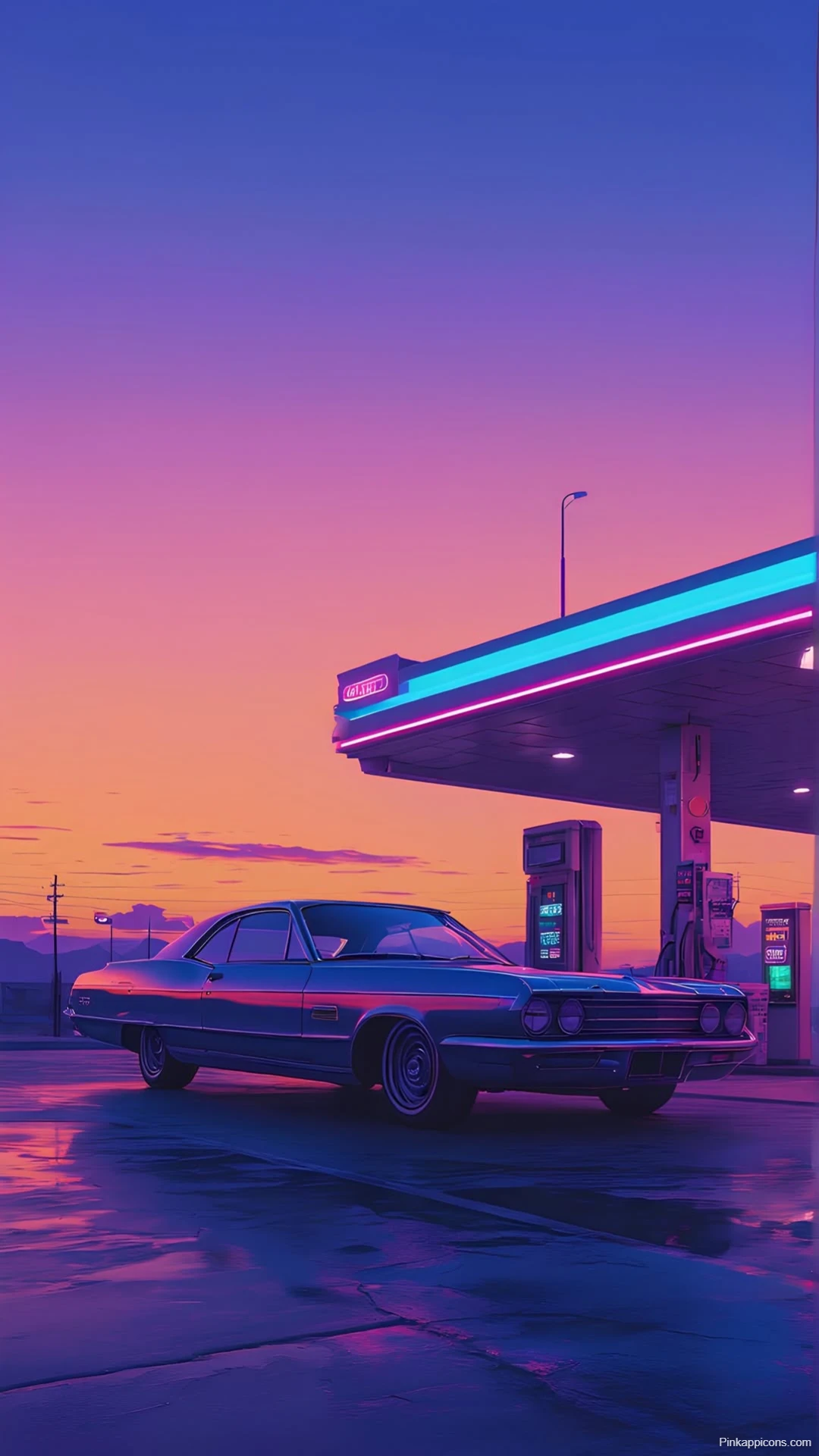 Retro Gas Station Wallpaper Vintage Car at Sunset