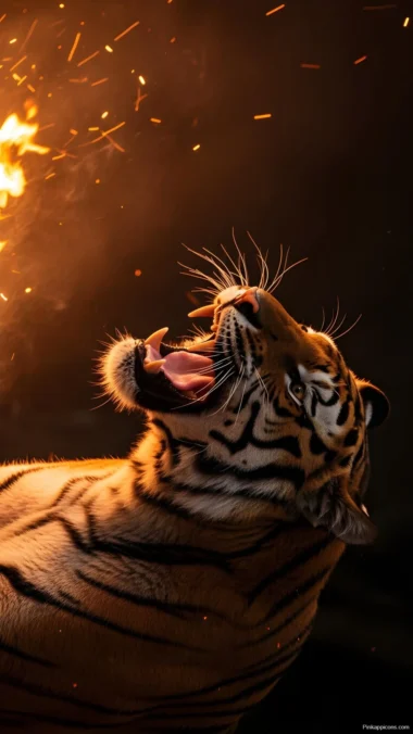 Roaring Tiger by Fire Wallpaper Powerful Predator