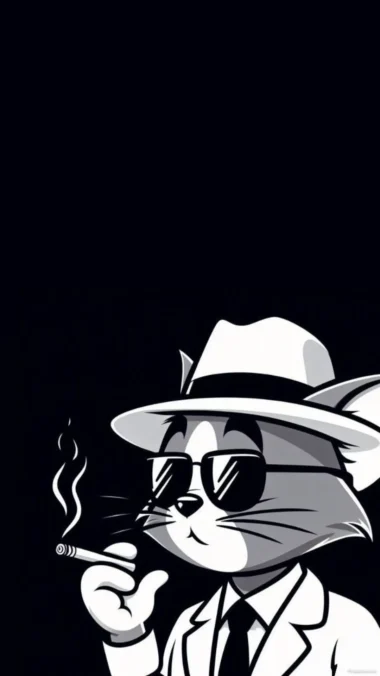 Cartoon cat in a hat and tie, smoking a cigarette, styled as a gangster for a playful wallpaper design.