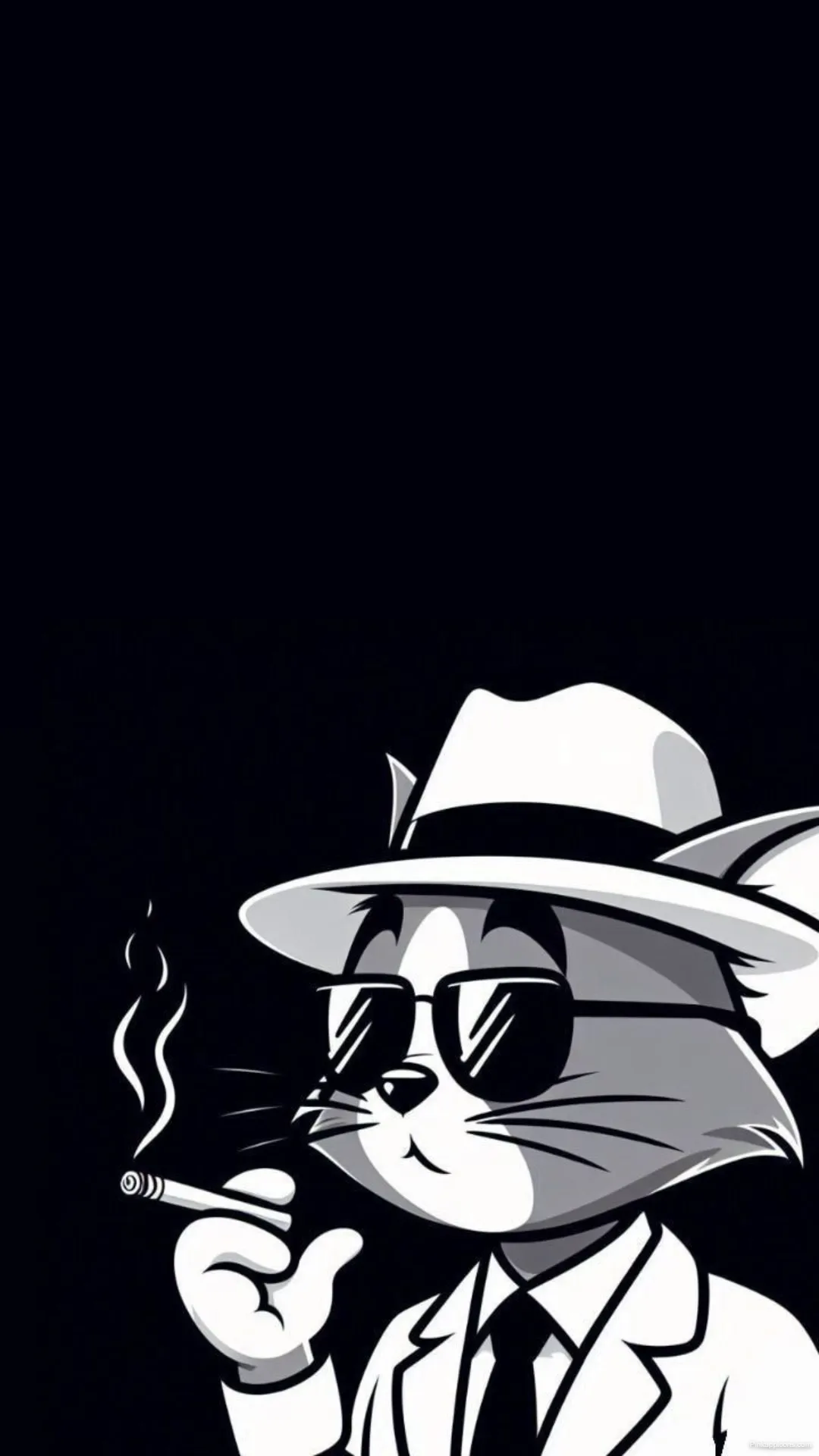 Cartoon cat in a hat and tie, smoking a cigarette, styled as a gangster for a playful wallpaper design.