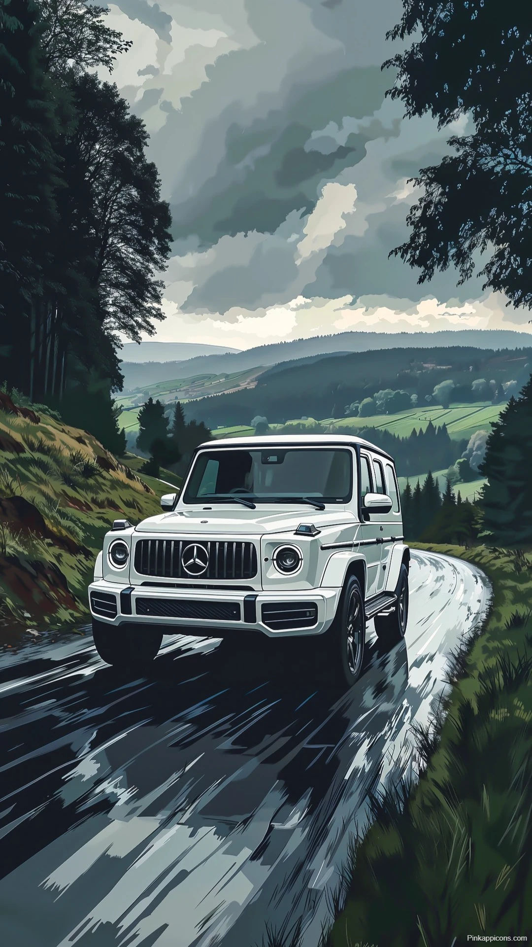 White Mercedes G-Class Wallpaper Scenic Country Road