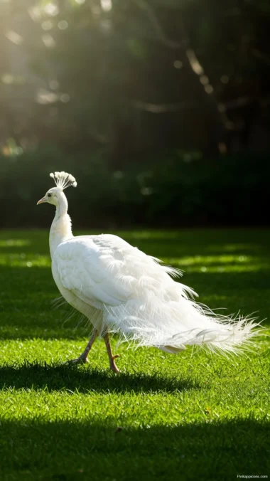 White Peacock Walking on Green Grass Wallpaper Elegant Bird