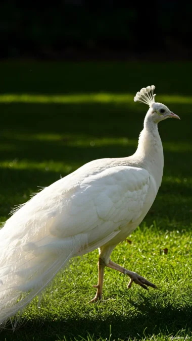 White Peacock Walking on Green Wallpaper Graceful Bird