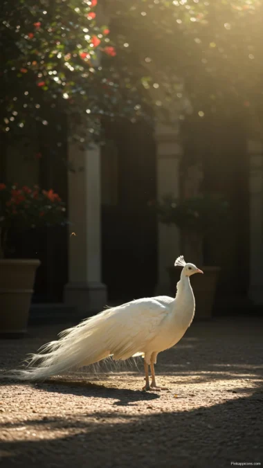 White Peacock in Garden Sunlight Wallpaper Elegant Bird