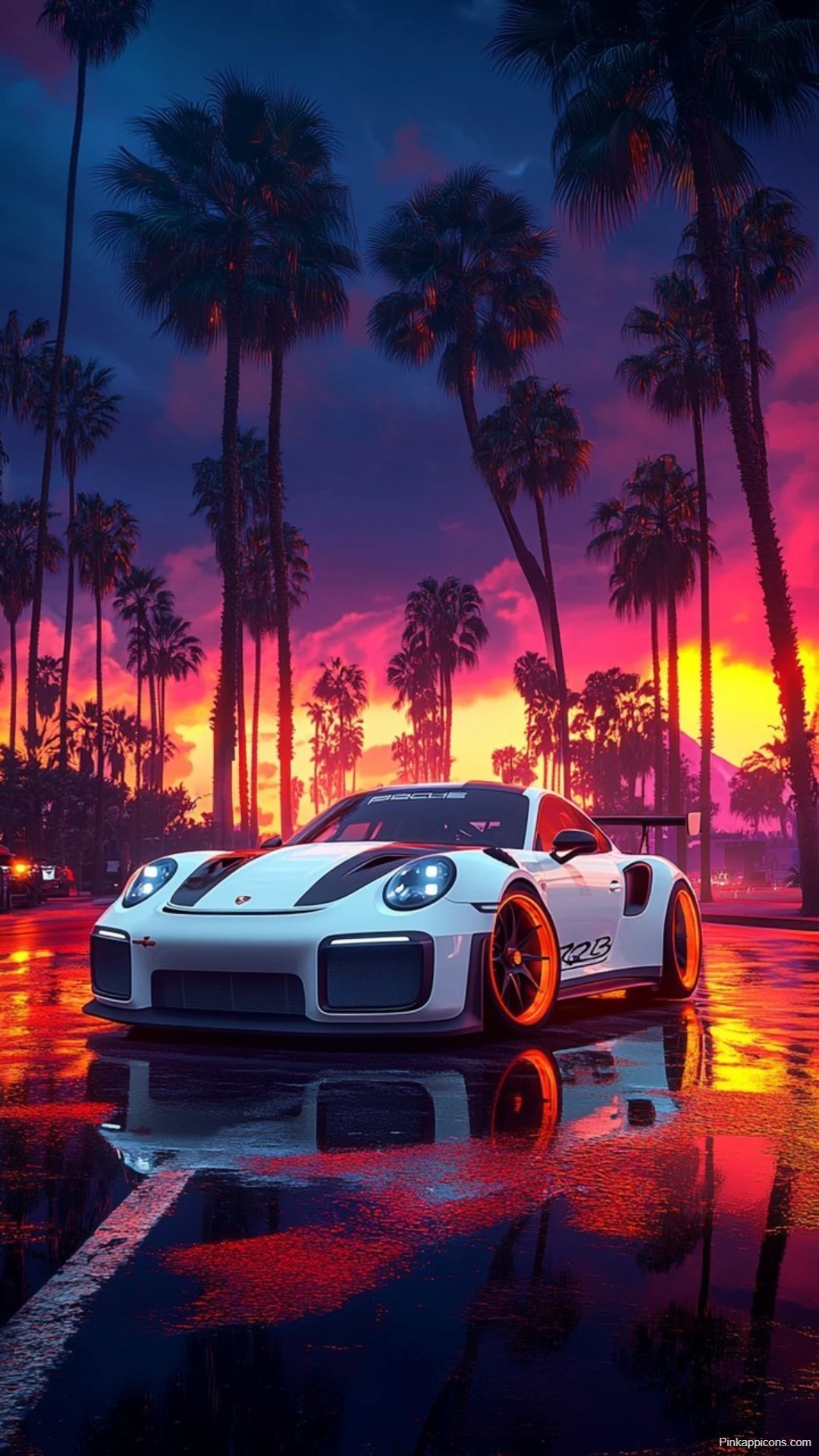 White Porsche 911 GT2 RS Wallpaper Miami Night Drive