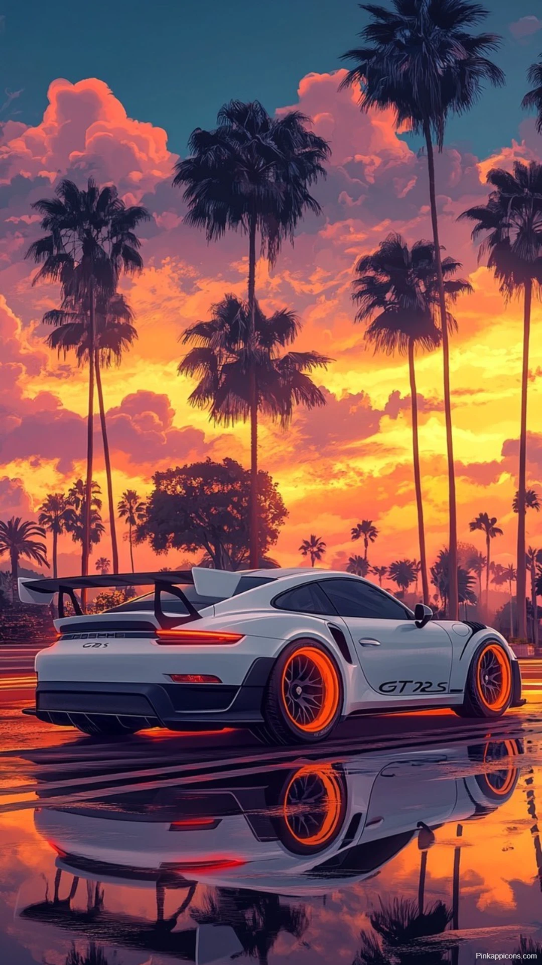 White Porsche 911 GT3 RS Wallpaper Miami Sunset