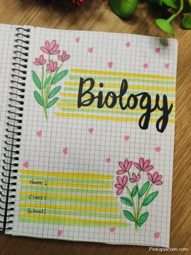 A biology notebook cover featuring a vibrant front page design with illustrations related to biological themes.