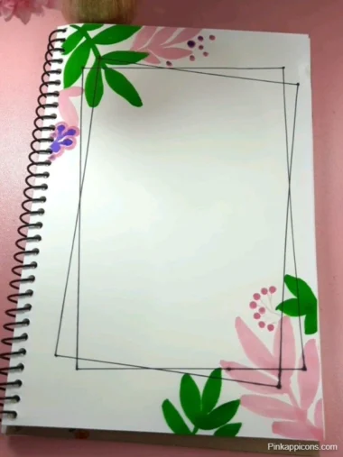 A5 notebook featuring a floral design on the front page, bordered for a project presentation.