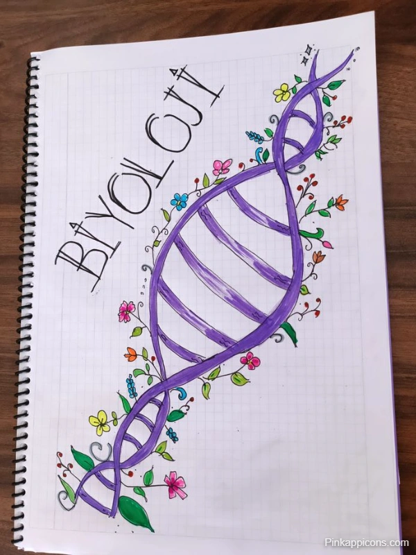 A handmade notebook cover featuring a drawing of DNA intertwined with flowers, showcasing a creative biology project design.