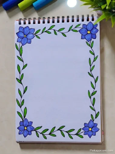A notebook featuring a creative front page design with blue flowers and green leaves, ideal for assignments.