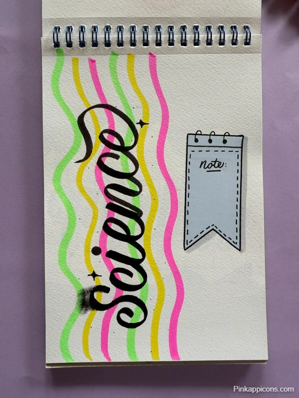 A creatively designed notebook cover featuring the word "Science" for a science project.