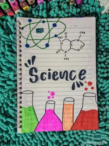 creative front page science cover page design Creative front page design for a science notebook featuring artistic elements and vibrant colors.
